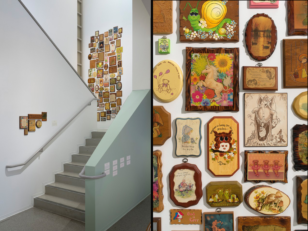 Figure 13.  Michael Decker, That’s Not The Way It Feels (2015). Dimensions variable. Collection of Wooden Wall Plaques.  LEFT Photo: author.   RIGHTPhoto: Robert Weydemeyer.