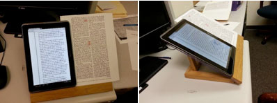 Figure 3. These two images (from the front and from the side) depict how a Samsung Galaxy 2 tablet and a hardcopy printout of a periodical text from the 1800s are used to proofread for transcription and coding accuracy.