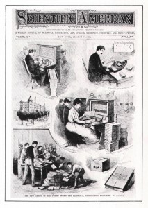 August 30, 1890, cover of Scientific American depicting the Hollerith punch card machine (called the “Electrical Enumerating Mechanism”) processing the U.S. Census.]