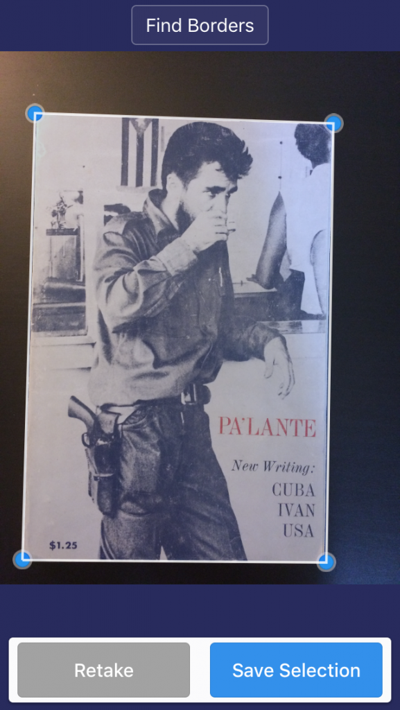 Figure 5. Pa'lante no. 1 cover, being captured by Scanner Pro 7. Edited by Howard Schulman and Elizabeth Sutherland Martínez. Cover photograph by Leroy Lucas.)